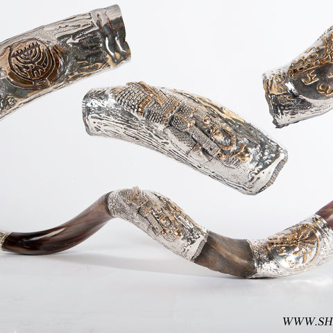 Jerusalem and Menorah Silver Plated Yemenite Shofar